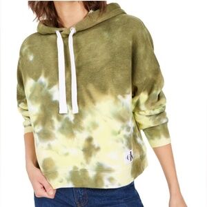 Calvin Klein Jeans High Tied Tie-Dyed Cropped Hoodie Green Yellow Women’s Small